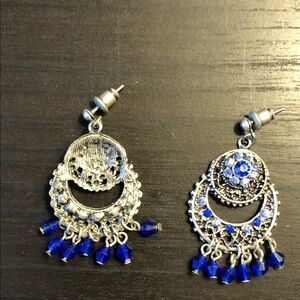 Silver Tone Blue Beaded Drop Earrings - Boho Chic